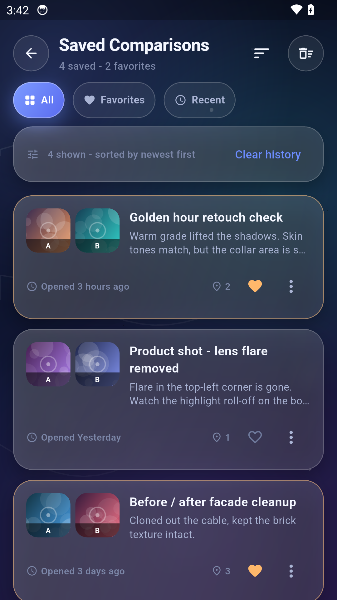 Photo Compare Pro saved comparisons screen