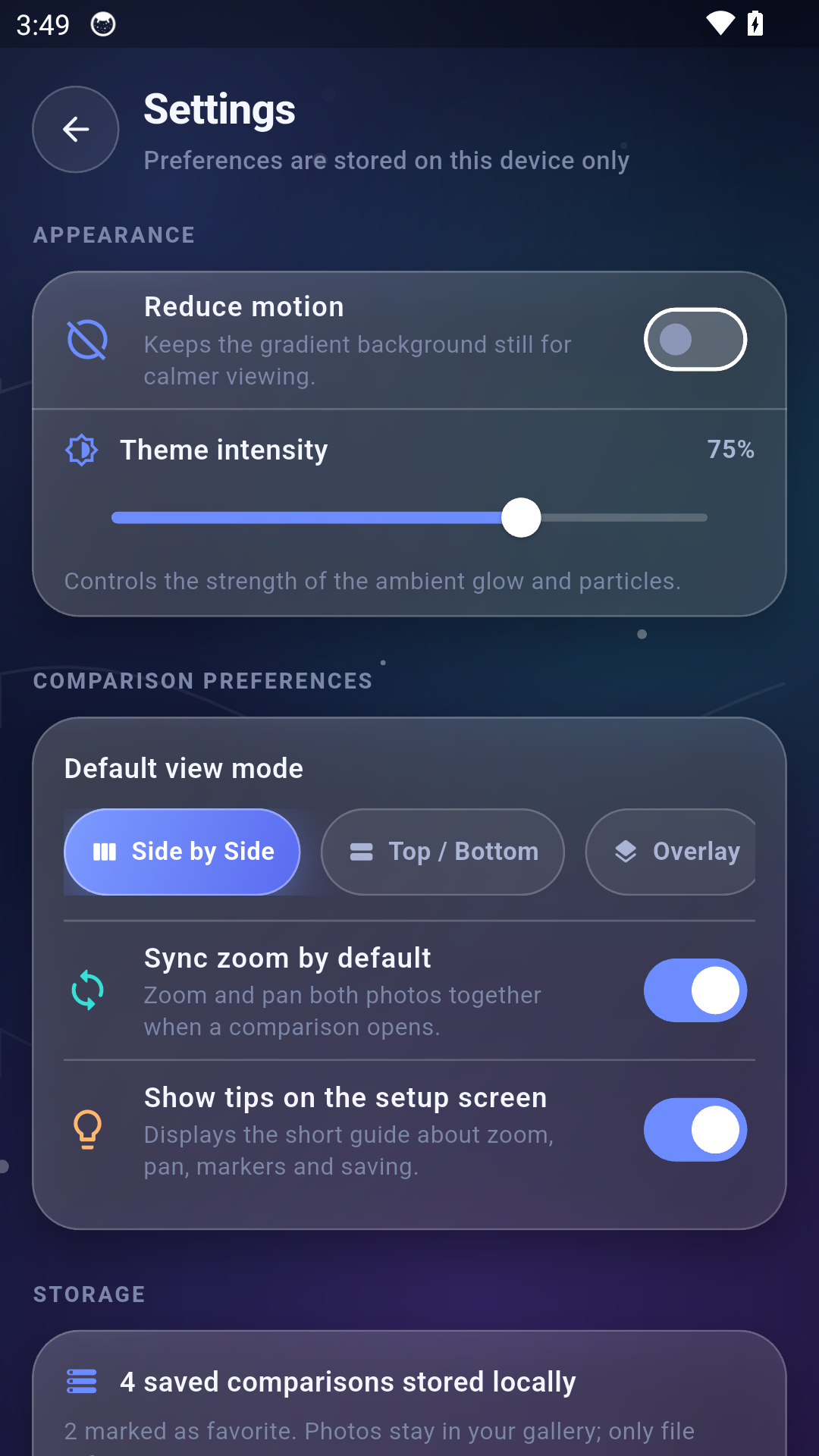 Photo Compare Pro settings screen